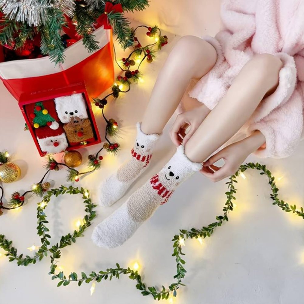 4 Pairs Socks Gift For Christmas With Box , Fuzzy Fluffy Thick Socks , 3D Ears D - Picture 1 of 5